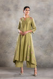 OLIVE GREEN DUPION EMBROIDERED KURTA SET(3 PC)
