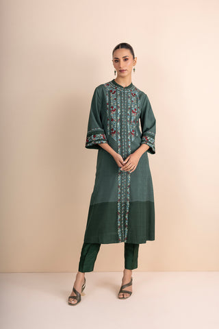 SHADES OF GREEN STRIPE PRINTED & EMBROIDERED KURTA SET (2 PCS)