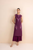 WINE PRINTED & EMBROIDERED SLEEVELESS KURTA SET (2 PCS)