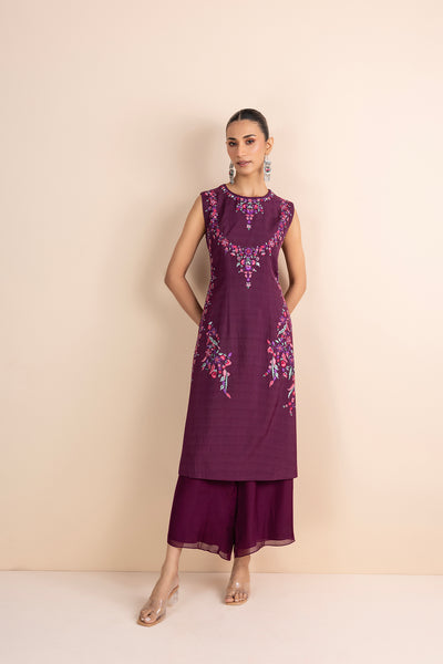 WINE PRINTED & EMBROIDERED SLEEVELESS KURTA SET (2 PCS)