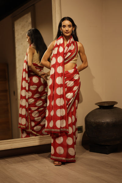 RED POLKA DOT GEORGETTE TUSSOR EMBROIDERED SAREE SET (2 PCS)