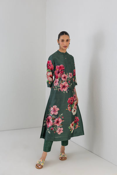 MINTED SAGE DUPION HIBISCUS PRINTED DRESS (1 PC)