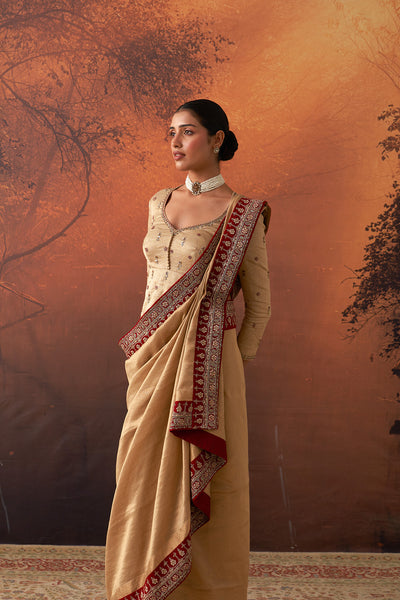 GOLD TISSUE SAREE WITH RED BORDER & UNSTITCHED BLOUSE (2 PCS)