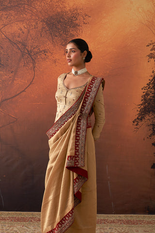 GOLD TISSUE SAREE WITH RED BORDER & UNSTITCHED BLOUSE(SRE-54) (2 PCS)