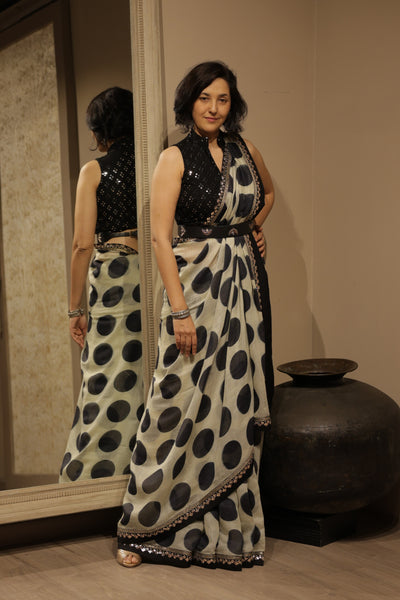 TOOSH & BLACK POLKA DOT GEORGETTE TUSSAR EMBROIDERED SAREE WITH UNSTITCHED BLOUSE (TL-06D)