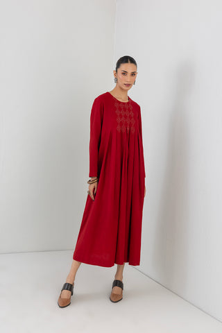 RED BOX PLEATED MELANGE EMBROIDERED DRESS (1 PC)