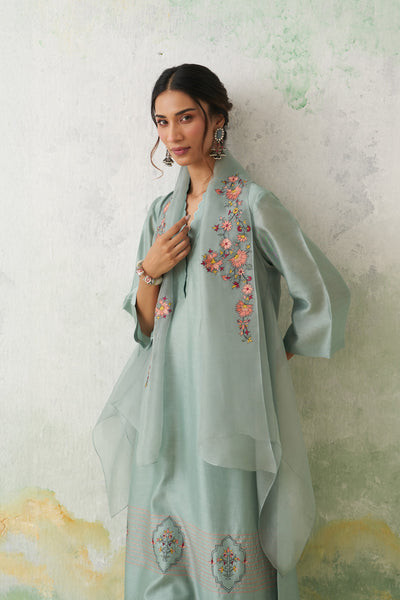 AQUA CHANDERI KASHMIRI EMB. KURTA SET (3 PCS)