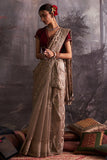 MAROON MUSHROO EMBROIDERED KOTI WITH BROWN CRUSH TISSUE ORGANZA EMBROIDERED TWO PIECE SAREE SET (5 PCS)