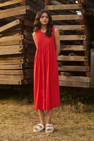 RED COTTON PLEATED EMBROIDERED TUNIC (CM-11A/TNC)