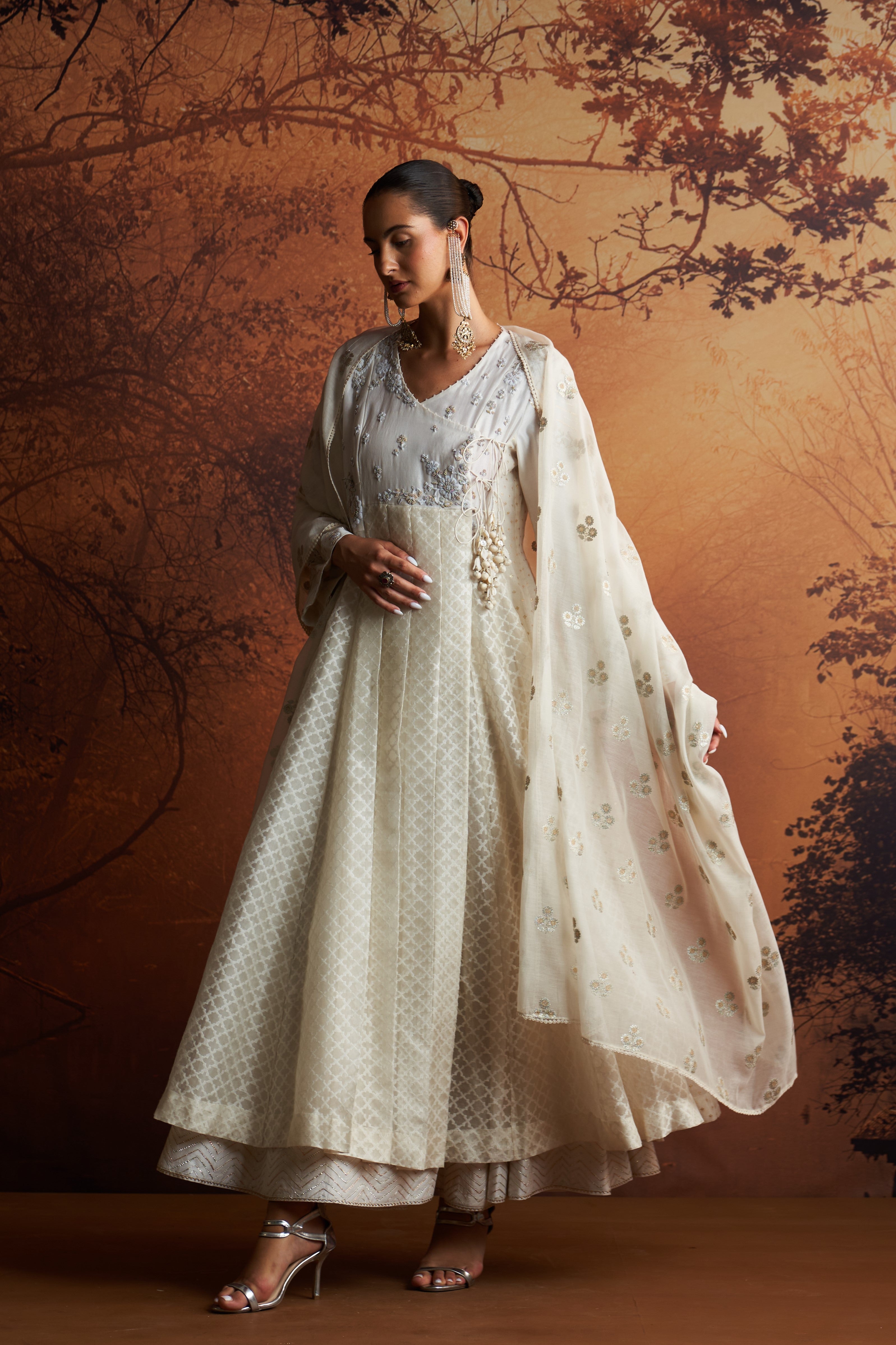Heavy Double Layer Anarkali Dress Cream Layered Anarkali Set With  Embroidered Dupatta By Karishma Khanduja Bareilley