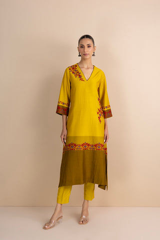 SHADES OF YELLOW STRIPE PRINTED & EMBROIDERED KURTA SET (2 PCS)