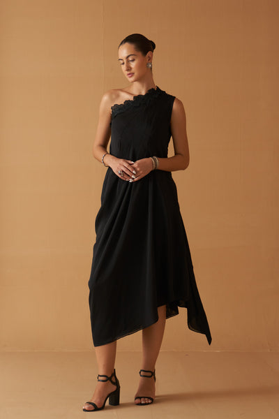 BLACK TENCIL GEORGETTE  DRAPE DRESS PAIRED WITH BLACK BLOUSE ( SE-05A)