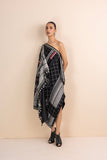 BLACK HANDWOVEN COTTON PATCHWORK DRAPED DRESS (1 PC)