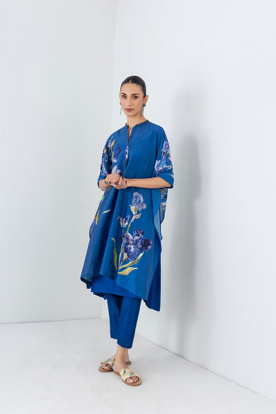 BLUE LAGOON SILK CHANDERI FLORAL PRINTED KAFTAAN SET (2 PCS)