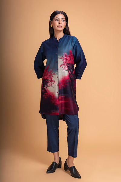 MIDNIGHT BLUE & PINK CHANDERI PRINTED SHIRT (1 PC)