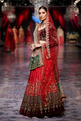 MAROON VELVET EMBROIDERED BLOUSE PAIRED WITH RED MUSHROO EMBROIDERED LEHENGA WITH IVORY WOVEN NET EMBROIDERED DUPATTA & RED NET EMBROIDERED VEIL (4 PCS)