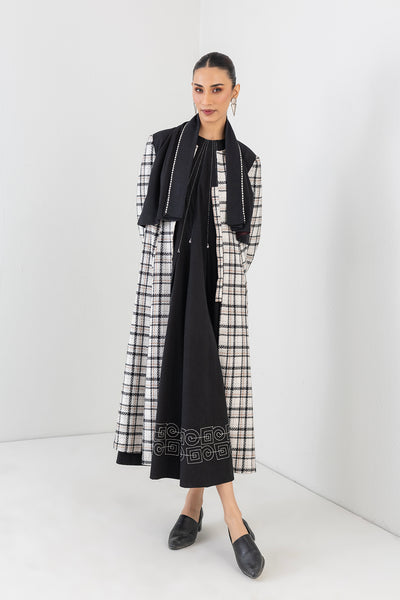 BLACK & WHITE CHEQUERED LONG WOOLEN TRENCH COAT (1 PC)