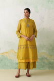 LIME GREEN THIN CHANDERI MULTICOLOUR KASHMIRI EMB. BACK SLIT KURTA SET (3 PCS)