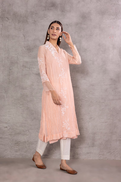 PEACH CHANDERI EMBROIDERED KURTA (WH-01A)&nbsp;