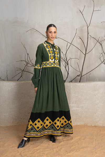 MILITARY GREEN KALA COTTON EMBROIDERED DRESS (1 PC)