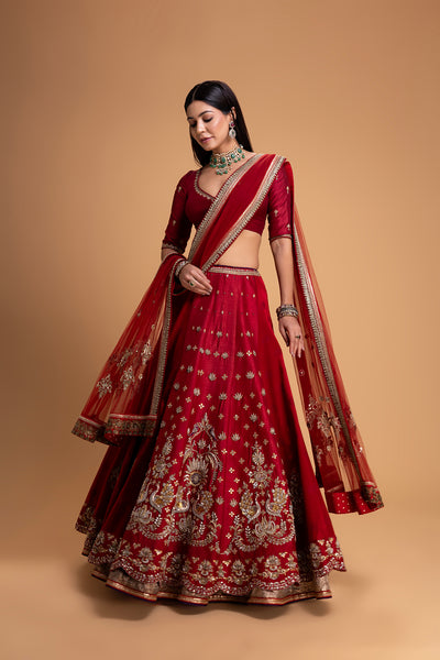RED MUSHROO EMB LEHENGA SET (3 PCS)