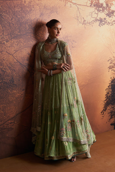 MINT TISSUE DOUBLE LAYER PRINTED & EMB. LEHNGA,BLOUSE & DUPATTA  (MH-04C/LEH) , (KA-01B/BLS) , (SK-11/DUP)