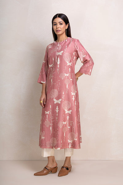 ONION PINK SILK CHANDERI PRINTED TUNIC (1 PC)