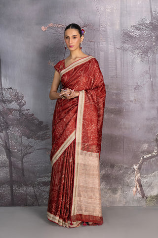 MAROON MATKA TUSSOR DISCHARGE PRINT SAREE (1 PC)