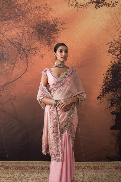 ONION PINK TUSSAR & ORGANZA EMB. TWO-PIECE SAREE SET (3 PCS)