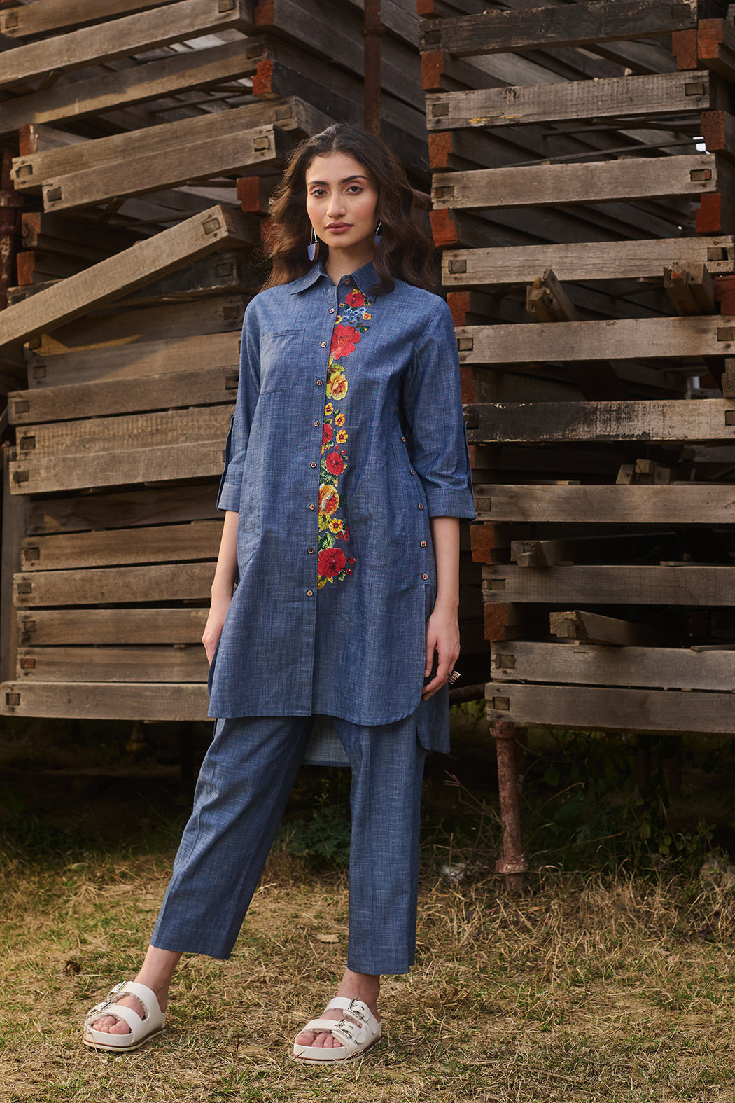 JACQUARD FLARE CAMI TUNIC (BLUE FLOWER)（Jacquard fabric in