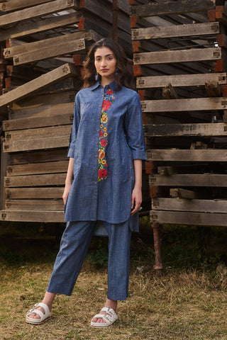 BLUE DENIM FLORAL HAND PAINTED SHIRT STYLE TUNIC WITH BLUE DENIM PANTS (CM-05/TNC, CM-05A/BTM)