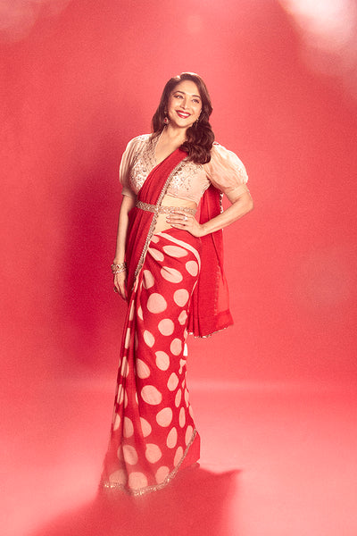 Red Polka Printed & Embroidered Sari Set (TL-10A)