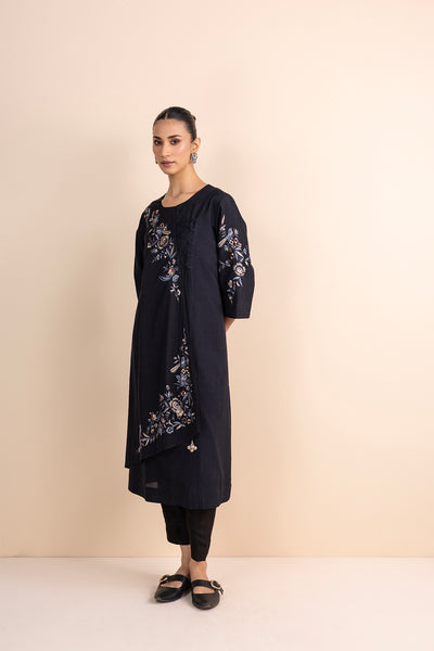 BLACK STRIPE PRINTED & EMBROIDERED ANGRAKHA KURTA SET (2 PCS)