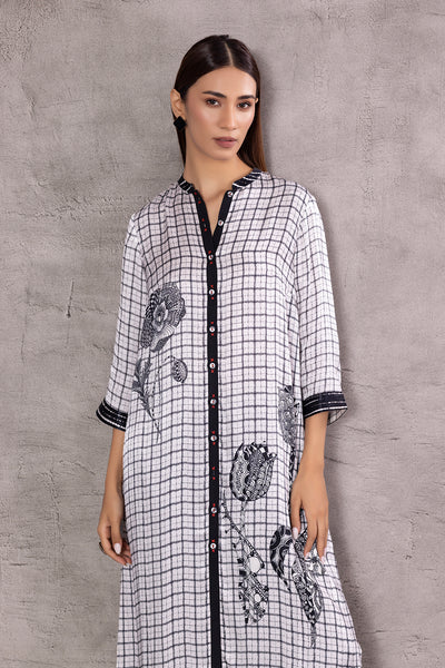 IVORY SILK BOTANICAL STRIPE PRINTED FRONT OPEN TUNIC (BW-06A)