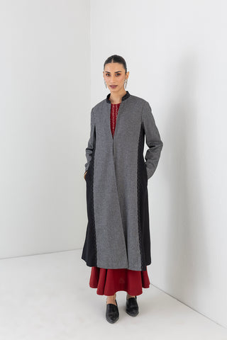 GREY & BLACK CHEQUERED WOOLEN LONG JACKET (1 PC)