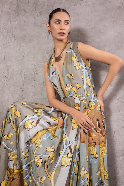 GREY & BROWN SILK DUPION TRENCH COAT PAIRED WITH GREY TREE PRINTED DUPION DRESS (AJP-07)