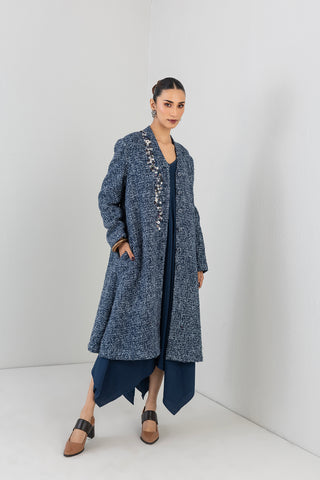 BLUE WOOLEN TEXTURED LONG JACKET (1 PC)