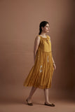 MUSTARD FOIL PRINTED SILK MUMUL TIERED DRESS (1 PC)