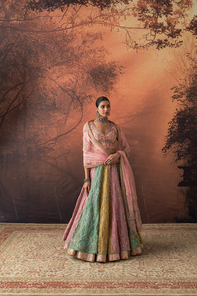 PINK & AQUA TISSUE EMB. LEHENGA SET(FB-05A) (4 PCS)