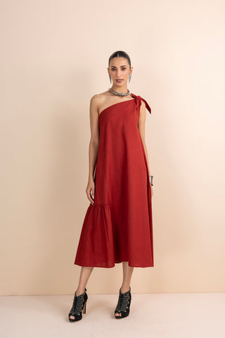 RED COTTON ONE SHOULDER DRESS (1 PC)