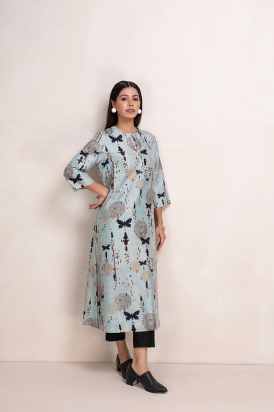 AQUA SILK CHANDERI PRINTED TUNIC (1 PC)