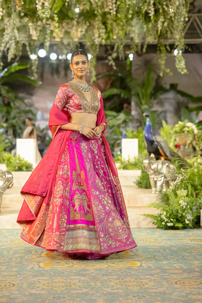 HOT PINK TISSUE MULTIKALI EMB. LEHENGA SET (EVO-09) (3 PCS)