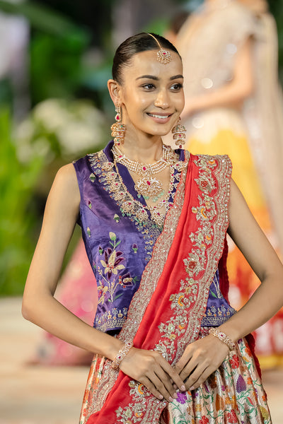 MULTICOLOUR KIMKHWA BORCADE EMB. LEHENGA SET(EVO-05) (5 PCS)