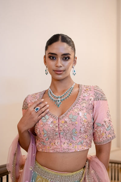 PINK & AQUA TISSUE EMB. LEHENGA SET(FB-05A) (4 PCS)