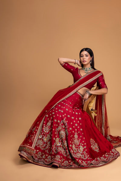 RED MUSHROO EMB LEHENGA SET (3 PCS)
