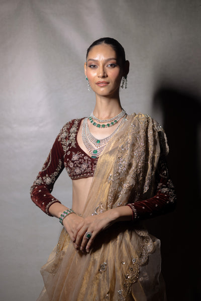 GOLD SILK TISSUE PRINTED & EMB. LEHENGA SET (EVO-07) (4 PCS)