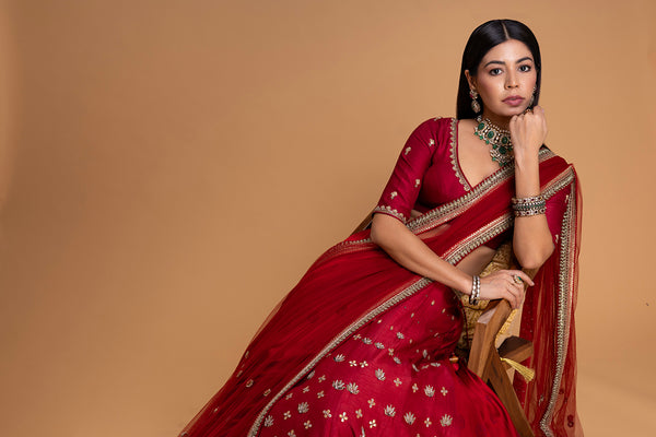 RED MUSHROO EMB LEHENGA SET (3 PCS)