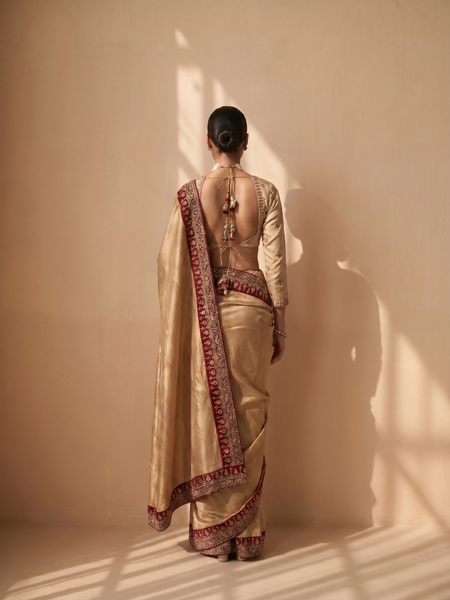 GOLD TISSUE SAREE WITH RED BORDER & UNSTITCHED BLOUSE(SRE-54) (2 PCS)