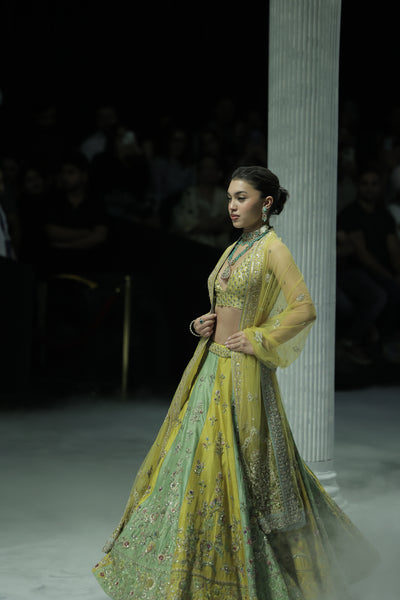 A VIBRANT PLAY OF YELLOW AND MINT, BROUGHT TO LIFE THROUGH INTRICATE EMBROIDERY. (3 PCS)