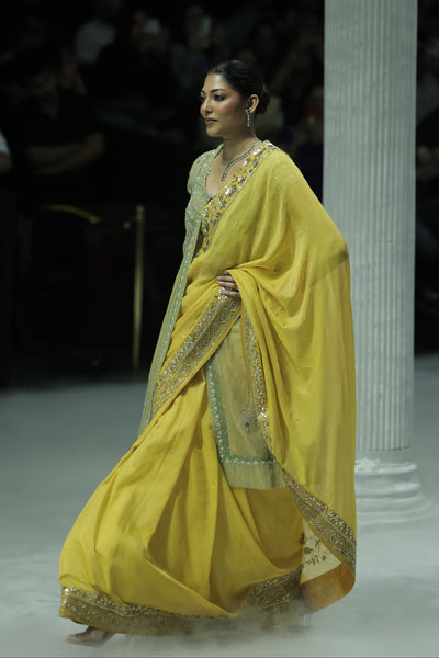 MUSTARD EMBROIDERED SAREE PAIRED WITH A MINT GREEN EMBROIDERED TISSUE JACKET. (4 PCS)